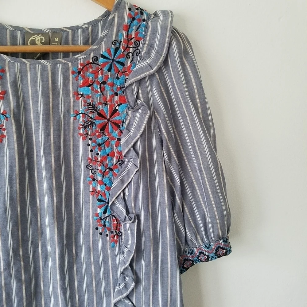 ANTHROPOLOGIE One September Embroidered Floral Ruffle Striped Blouse Size M